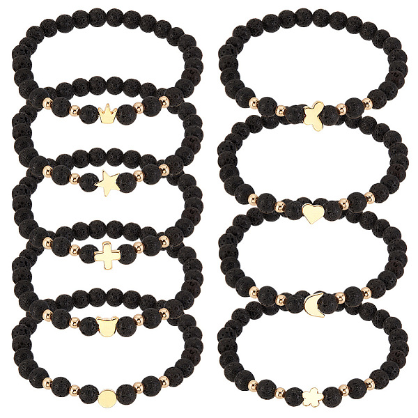 

PandaHall 1 Set Bear & Cross & Moon & Crown & Heart & Butterfly Brass Beaded Stretch Bracelets Set, Natural Lava Rock Essential Oil...