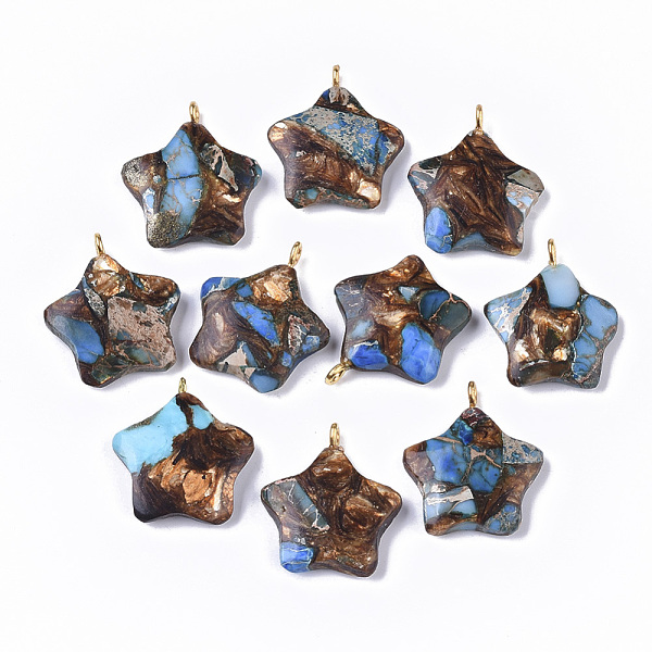 

PandaHall Assembled Synthetic Imperial Jasper and Bronzite Pendants, with Golden Tone Iron Loop, Dyed, Star, Light Sky Blue, 23~24x21x5mm...
