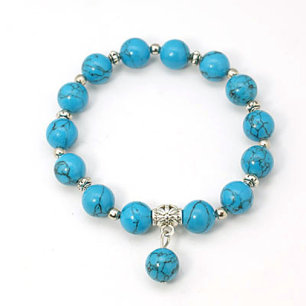 

PandaHall Fashion Gemstone Beaded Bracelets, Stretch Bracelets, with Antique Silver Alloy Beads, Synthetic Turquoise, 55mm Synthetic..., Blue