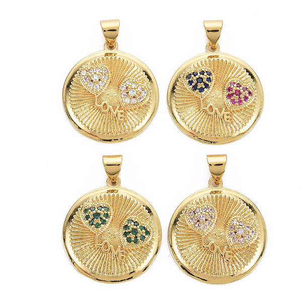 

PandaHall Brass Micro Pave Cubic Zirconia Pendants, Cadmium Free & Nickel Free & Lead Free, Real 16K Gold Plated, Flat Round with Heart..., Multicolor