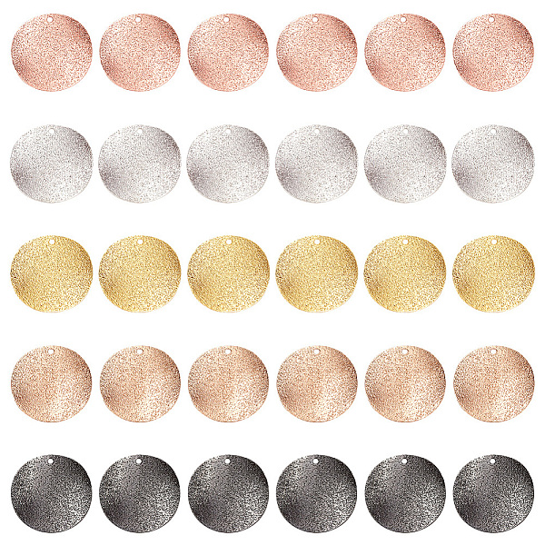 

PandaHall 30Pcs 5 Colors Brass Pendants, Textured, Flat Round, Mixed Color, 20x0.5mm, Hole: 1.2mm, 6pcs/color Brass Flat Round
