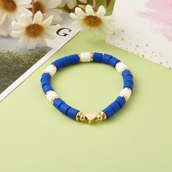 

PandaHall Handmade Polymer Clay Beads Stretch Bracelets, with Brass Beads, Heart, Dark Blue, Inner Diameter: 2~2-1/8 inch(5.2~5.3cm) Polymer...