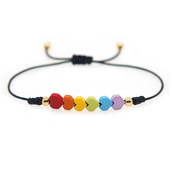 Bracelet ajustable en cordon noir avec perles en forme de cœur arc-en-ciel et pierres précieuses pour femme