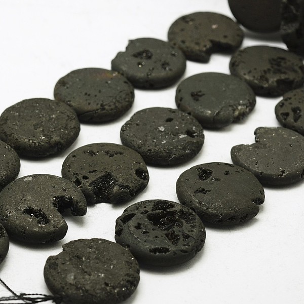 

PandaHall Electroplated Natural Druzy Geode Crystal Beads Strands, Flat Round, Dyed, Black Plated, 30x7~8mm, Hole: 2mm, about 7pcs/strand...