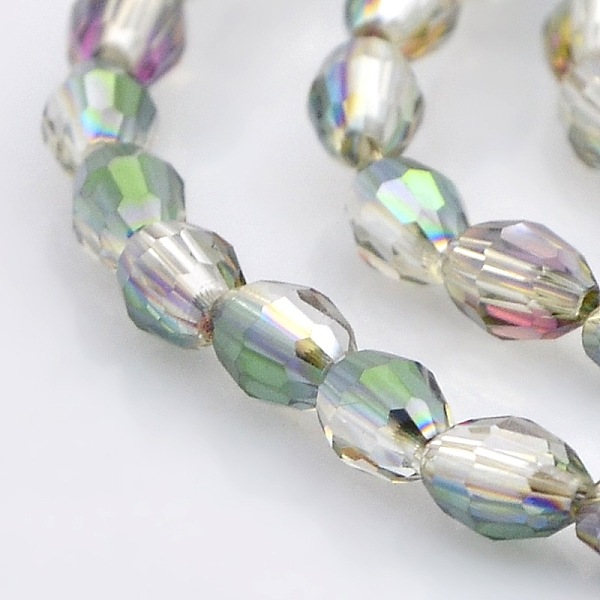 

PandaHall Half Rainbow Plated Glass Faceted Rice Beads Strands, Clear, 6x4mm, Hole: 1mm, about 72pcs/strand, 16 inch Glass Rice Clear