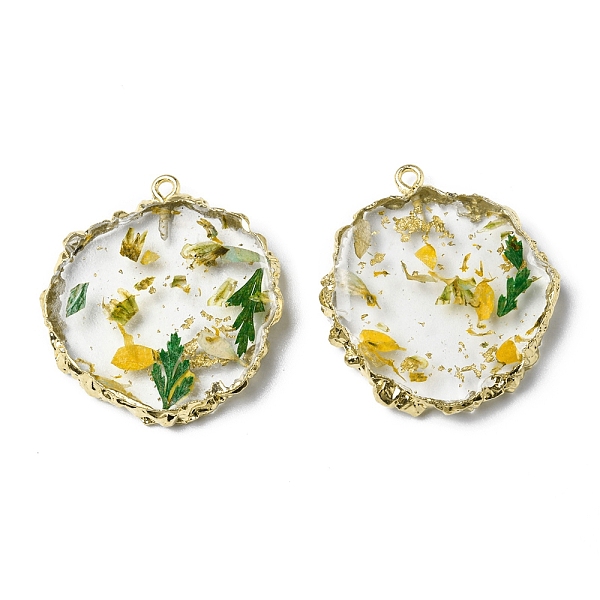 

PandaHall Transparent Resin Pendants, Flat Round Charms with Dried flowers & Gold Foil Inside, with Light Gold Plated Brass & Iron Findings..., Green