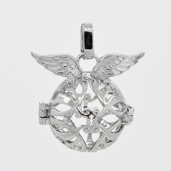 

PandaHall Brass Hollow Cage Pendants, For Chime Ball Pendant Necklaces Making, Round with Wing, Platinum, 26x29x20mm, Hole: 3x8mm, Inner...