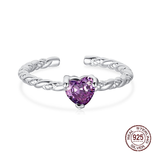 

PandaHall Rhodium Plated 925 Sterling Silver Twist Open Finger Rings, Birthstone Ring, with Cubic Zirconia for Women, Heart Cuff Ring, Real..., Purple
