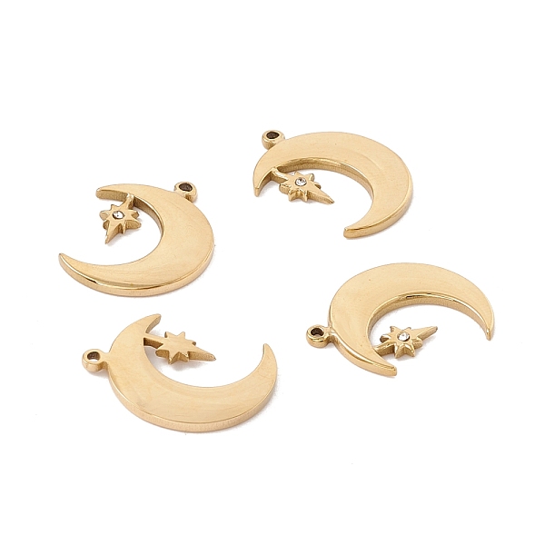 

PandaHall Ion Plating(IP) 304 Stainless Steel Pendants, with Rhinestone, Moon with Star, Golden, 18x13x1.3mm, Hole: 1mm Stainless...
