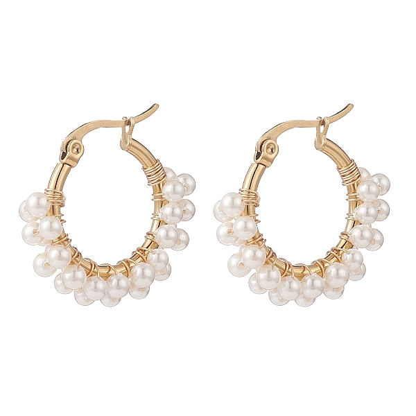 

PandaHall Shell Pearl Beaded Hoop Earrings, Golden Brass Wire Wrap Jewelry for Women, White, 24x26x2mm, Pin: 0.7mm Shell Ring White