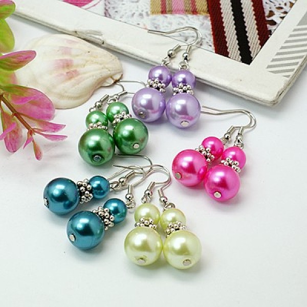 

PandaHall Stylish Glass Pearl Calabash Dangle Earrings, with Tibetan Style Beads and Brass Earring Hooks, Mixed Color, 44mm Glass Multicolor