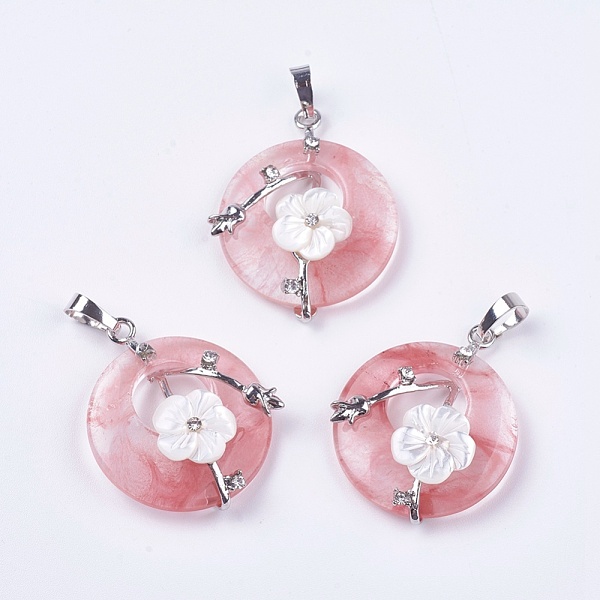 PandaHall Watermelon Stone Glass Pendants, with Shell, Rhinestone and Platinum Tone Brass Findings, Flat Round with Flower, 35.5~36x28x8mm...