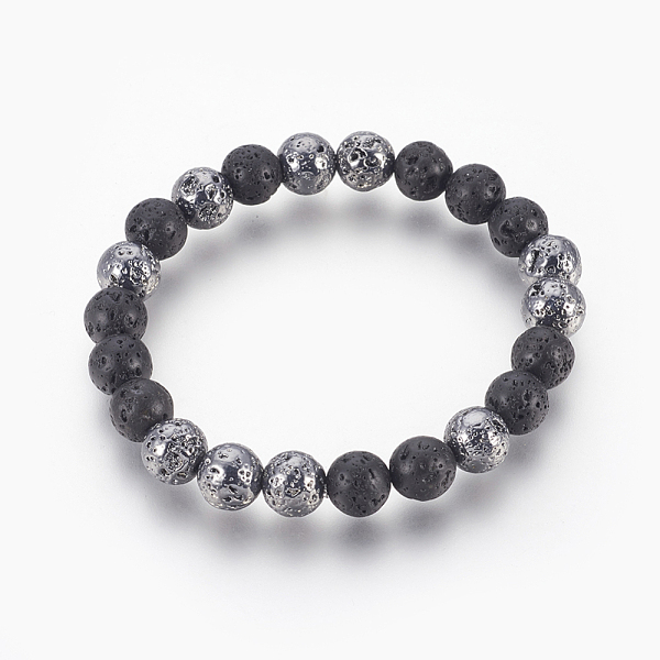 

PandaHall Natural Lava Rock Beaded Stretch Bracelet, with Electroplated Lava Rock Beads, Round, Gunmetal Plated, 2-1/8 inch(5.3cm) Lava Rock