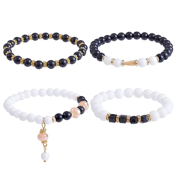 

PandaHall 4Pcs 4 Style Natural Malaysia Jade Stretch Bracelets Set with Glass Beaded, Gemstone Jewelry for Women, Inner Diameter: 2-1/8 inch..., White