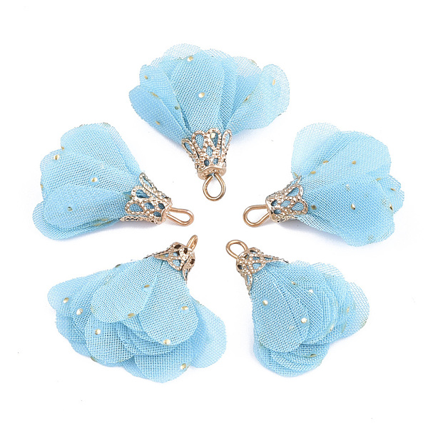

PandaHall Iron Pendants, with Chiffon, Flower, Golden, Light Sky Blue, 23~28x20~30mm, Hole: 1~3mm Cloth Flower Blue