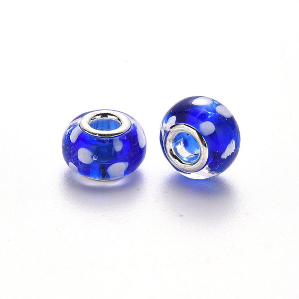 

PandaHall Handmade Lampwork European Beads, Large Hole Rondelle Beads, with Platinum Tone Brass Double Cores, Blue, 14~16x9~10mm, Hole: 5mm...