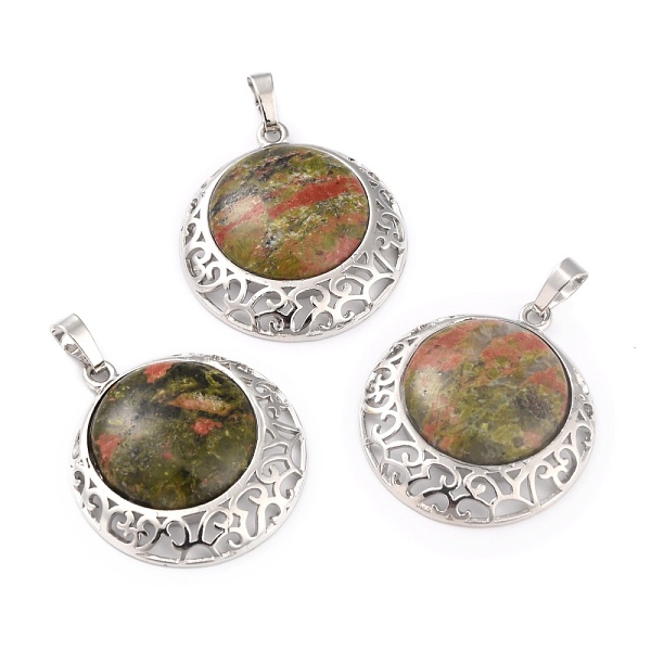 

PandaHall Natural Unakite Pendants with Hollow Platinum Brass Findings, Flat Round, 33.5x30x6mm, Hole: 8x5mm Unakite Flat Round