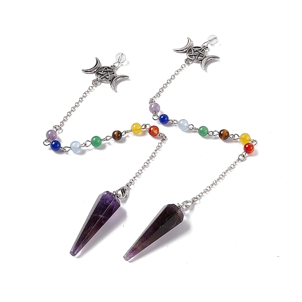 

PandaHall Natural Amethyst Hexagonal Pointed Cone Dowsing Pendulum Pendants, with Chakra Gemstone Round Beads, Rack Plating Platinum Tone...