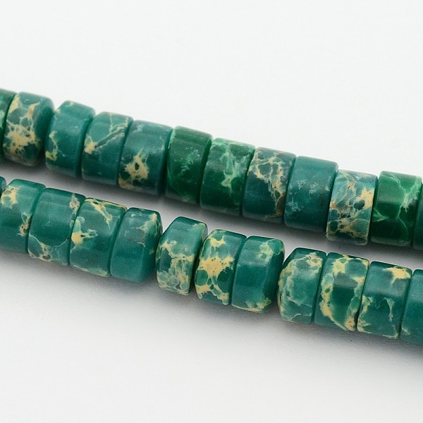 

PandaHall Synthetic Imperial Jasper Beads Strands, Dyed, Heishi Beads, Flat Round/Disc, Teal, 6~6.5x4mm, Hole: 0.5mm, about 100pcs/strand..., Cyan