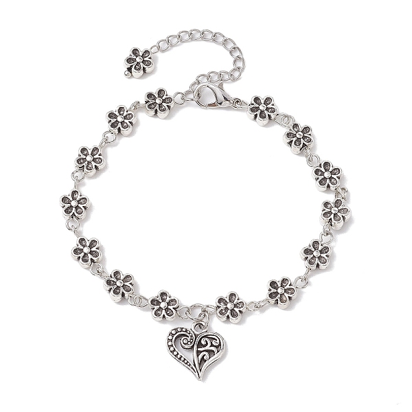 

PandaHall Tibetan Style Alloy Charm Bracelets, with Flower Link Chains, Heart, 7-1/4 inch(18.5cm), Heart: 14x13.5mm Alloy Heart