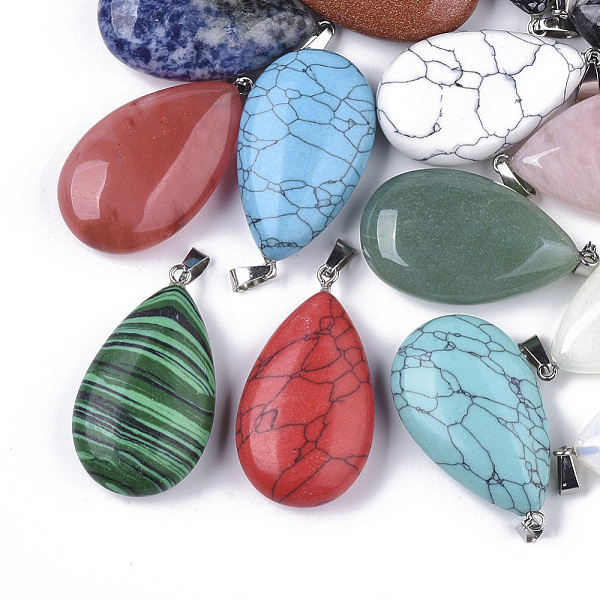 

PandaHall Natural & Synthetic Mixed Gemstone Pendants, with Iron Loop and Brass Snap On Bails, Teardrop, Platinum, 43.5~46.5x25x12~13mm..., Multicolor