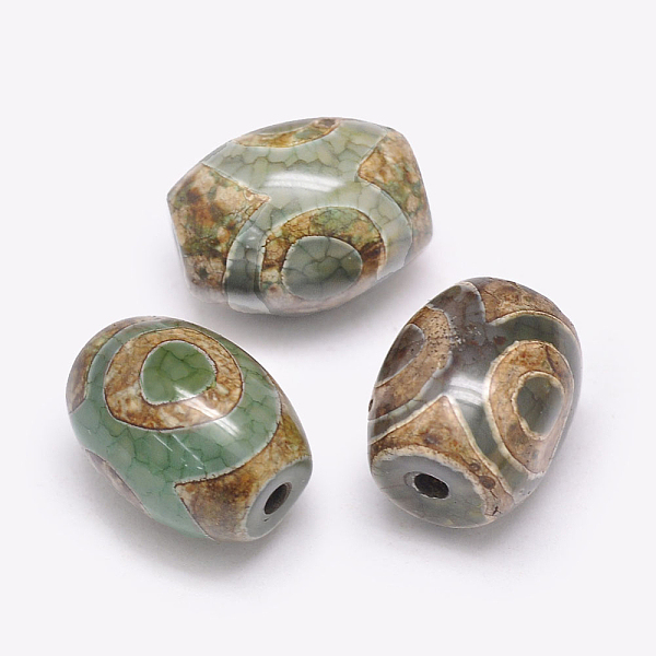 Tibetan Style 3-Eye dZi Beads, Natural Agate Beads, Dyed & Heated, Barrel, Three Eyes, Dark Olive Green, 15-17x12-13mm, Hole: 2.5-3mm