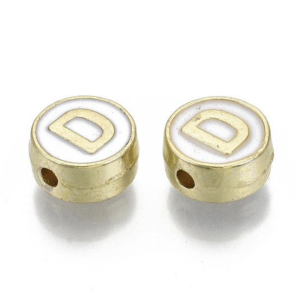 

PandaHall Alloy Enamel Beads, Cadmium Free & Nickel Free & Lead Free, Flat Round with Initial Letters, Light Gold, Letter.D, 8x4mm, Hole..., White