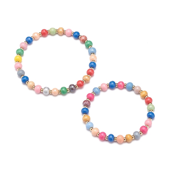 2Pcs 2 Size Natural Wood Round Beaded Stretch Bracelets Set For Kid And Parent