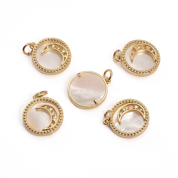 

PandaHall Brass Micro Pave Clear Cubic Zirconia Pendants, with Shell and Jump Rings, Flat Round with Moon, Golden, 17.5x15.5x2.5mm, Hole...
