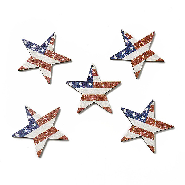 

PandaHall American Flag Theme Single Face Printed Aspen Wood Pendants, Star Charm, Sienna, 45x46.5x2.5mm, Hole: 1.2mm Wood Flag Brown