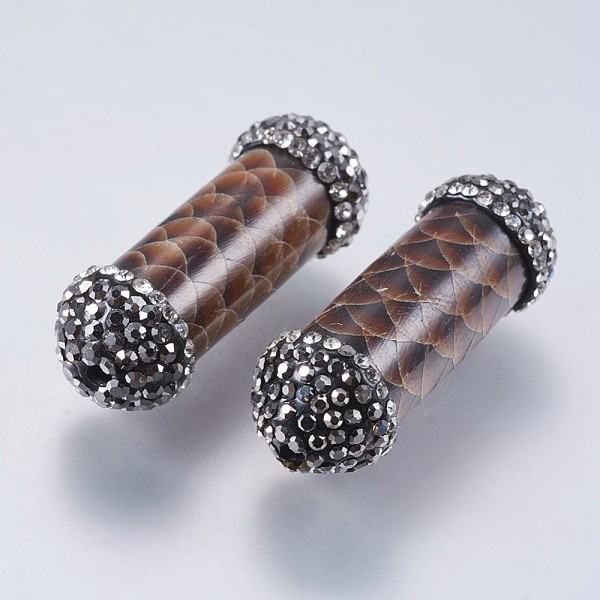 

PandaHall Snakeskin Leather Beads, with Polymer Clay Rhinestone, Column, Saddle Brown, 33x12mm, Hole: 1.5mm Leather Column Brown