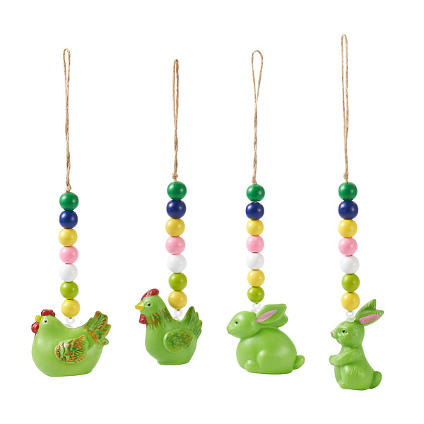 

PandaHall Crafans 4Pcs 4 Style Easter Theme Plastic Hen & Rabbit Pendant Decorations, with Hemp Rope & Wooden Beads, Green, 240~282mm...