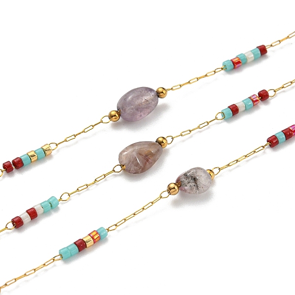 

PandaHall 304 Stainless Steel Handmade Beaded Chains, Natural Amethyst and Seed Bead Chains, Soldered, with Spool, 8~11x3~6x3~6mm, 10m/roll...