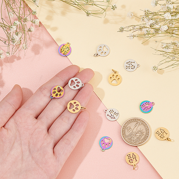 

PandaHall DICOSMETIC 12Pcs 6 Style 201 & 304 Stainless Steel Pendants, Flat Round with with Dog Paw Prints, Mixed Color, 14x12x1~1.1mm, Hole...
