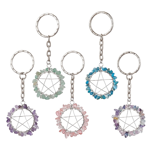 

PandaHall Gemstone Pendants Keychain, with Iron Clasp Finding, Ring with Star, 85~90mm Mixed Stone Star