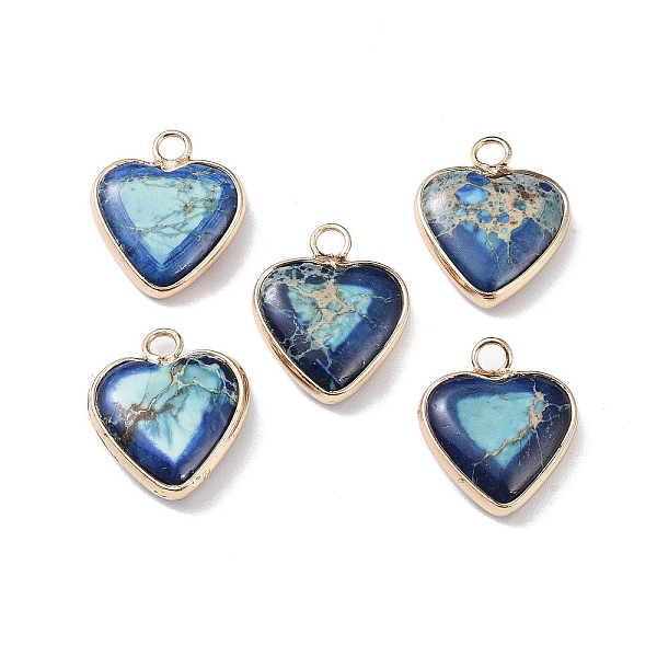

PandaHall Dyed Synthetic Imperial Jasper Pendants, Brass Heart Charms, Golden, Dark Blue, 19x16x4.5~5.5mm, Hole: 2.7mm Imperial Jasper Heart