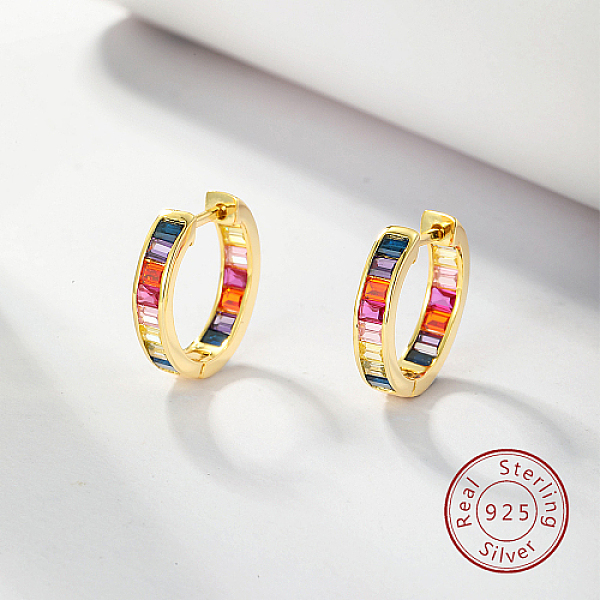

PandaHall 925 Sterling Silver Thick Hoop Earrings, with Colorful Cubic Zirconia, for Women, Golden, 17mm Sterling Silver Ring