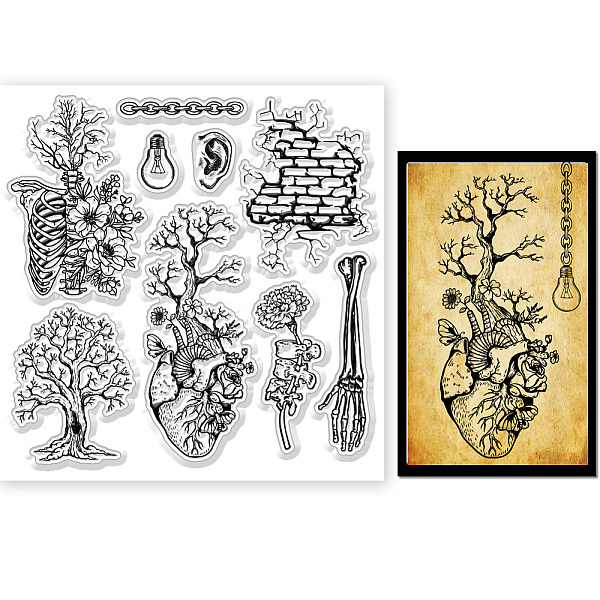 

PandaHall GLOBLELAND Skeleton and Tree Flower Vintage Transparent Clear Stamps Bones Heart 5.9x5.9inch Embossing Stamp Sheets Silicone Clear...