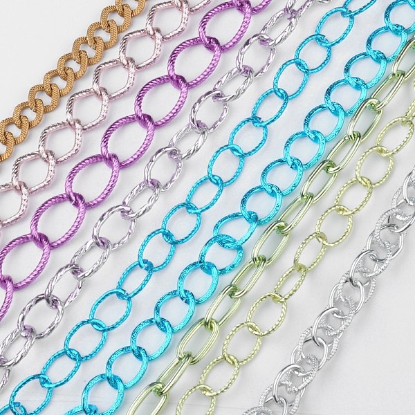 

PandaHall Mixed Style Aluminum Twisted Chains and Cable Chains, Unwelded, Mixed Color, 16~28x12~18.5x2~3mm, 10m/set Aluminum Multicolor