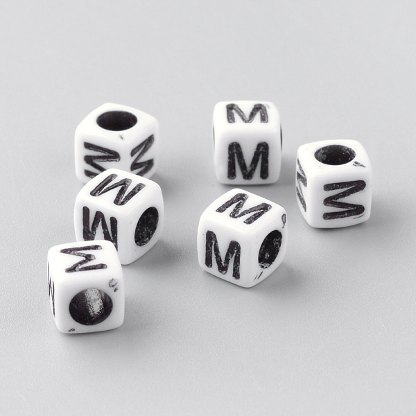 Pandahall Opaque Acrylic Beads, Horizontal Hole, Letter Style, Cube, Letter. M, 6X6x6mm, Hole: 3Mm, About 300Pcs/50G Acrylic Cube