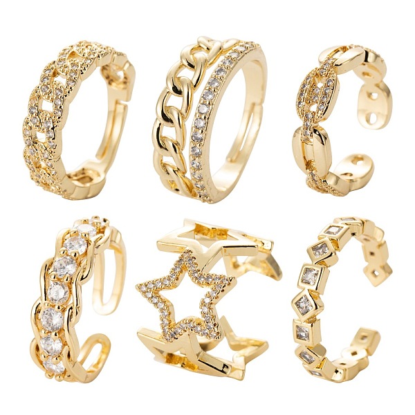 

PandaHall 6Pcs 6 Styles Brass Micro Pave Cubic Zirconia Cuff Rings, Open Rings, Long-Lasting Plated, Chain & Hollow Star & Curb Chain Shape..., Clear