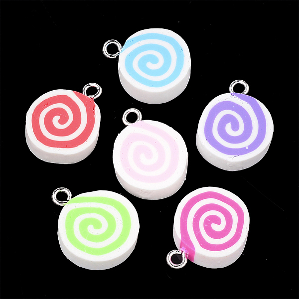

PandaHall Handmade Polymer Clay Pendants, with Iron Findings, Flat Round with Vortex, Platinum, Mixed Color, 20~21x15~16.5x5mm, Hole: 2mm..., Multicolor