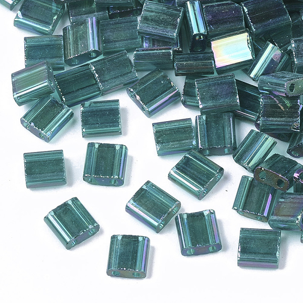 

PandaHall 2-Hole Transparent Glass Seed Beads, AB Colours, Rectangle, Teal, 5x4.5~5.5x2~2.5mm, Hole: 0.5~0.8mm Glass Rectangle Cyan