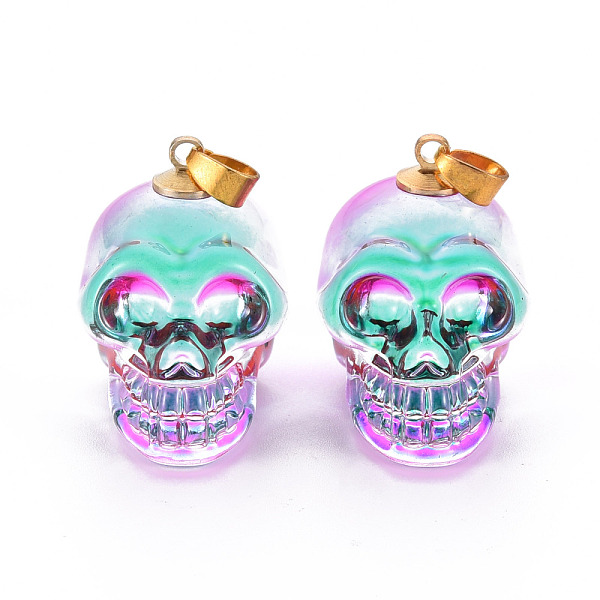 

PandaHall Electroplate K9 Glass Pendants, with Golden Plated Brass Bails, Skull, Halloween, Turquoise, 25x26~27x19mm, Hole: 5x3mm K9 Glass..., Green