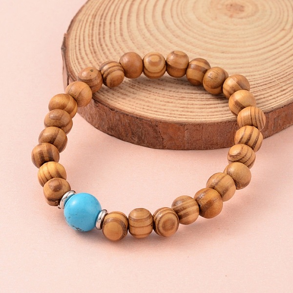 

PandaHall Round Wood Bead Stretch Bracelets, with Gemstone Beads and 304 Stainless Steel Findings, 53mm Wood