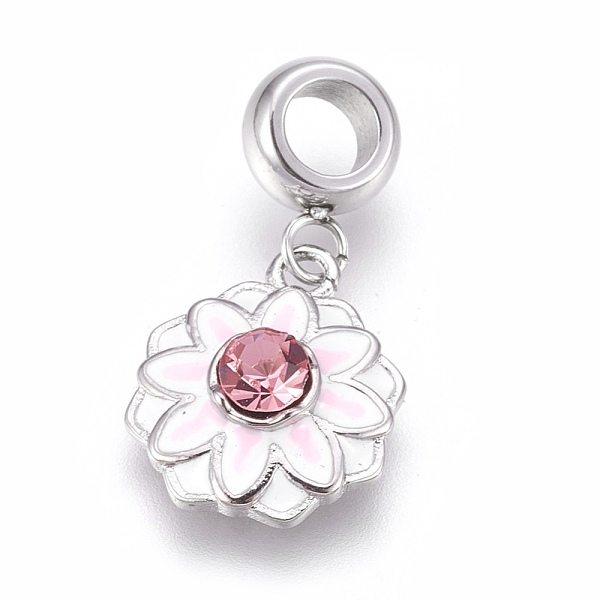 

PandaHall 304 Stainless Steel European Dangle Charms, Large Hole Pendants, with Enamel and Rhinestone, Flower, White, Stainless Steel Color...