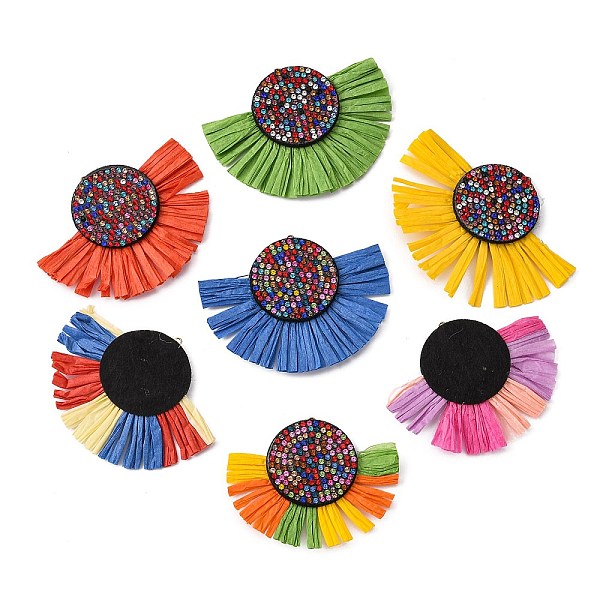 

PandaHall Raffia Tassel Big Pendant, with Non-Woven Fabric and Resin Rhinestone, Fan Shape, Mixed Color, 54~60x69~77x4~5mm, Hole: 1.2mm..., Multicolor