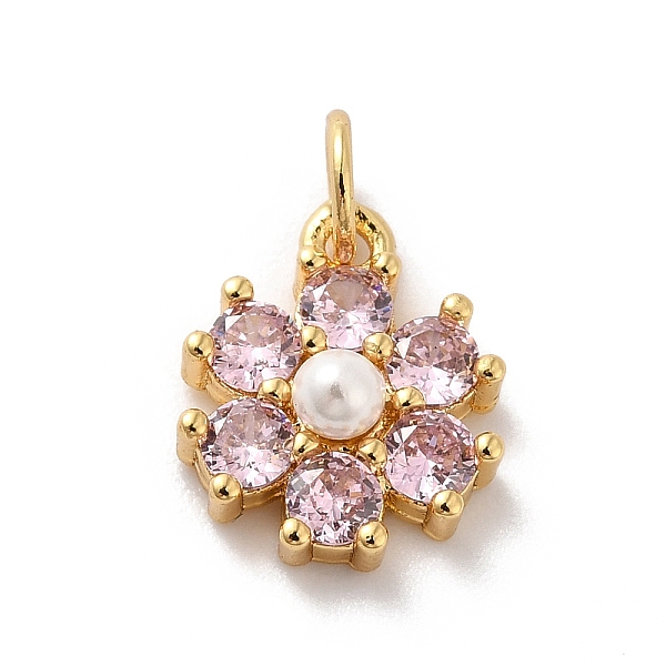 

PandaHall Rack Plating Brass Micro Pave Cubic Zirconia Charms, with Pearl, Cadmium Free & Lead Free, Real 18K Gold Plated, Flower, Pink...