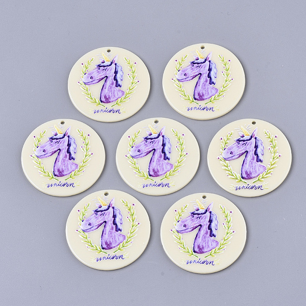 PandaHall Acrylic Pendants, 3D Printed, Flat Round, Unicorn Pattern, Blue Violet, 40x2.5mm, Hole: 1.8mm Acrylic Flat Round Purple