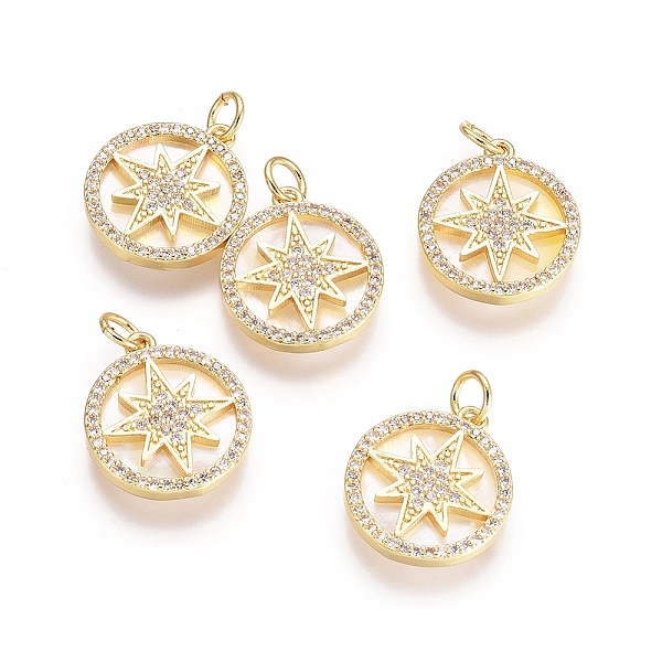 

PandaHall Brass Micro Pave Cubic Zirconia Pendants, with Jump Rings and Shell, Flat Round and Twinkling Star, Clear, Golden, 18x15.5x2.5mm...